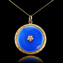 Load image into Gallery viewer, Antique 9ct Gold Blue Enamel Pendant Necklace Locket with Seed Pearls c.1900