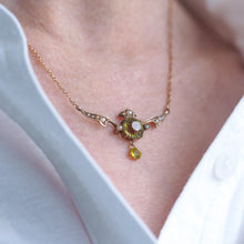 Load image into Gallery viewer, Antique Edwardian Peridot & Pearl Necklace 9K Gold Art Nouveau c.1900