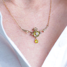 Load image into Gallery viewer, Antique Edwardian Peridot & Pearl Necklace 9K Gold Art Nouveau c.1900