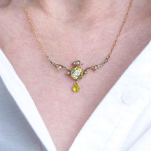 Load image into Gallery viewer, Antique Edwardian Peridot & Pearl Necklace 9K Gold Art Nouveau c.1900
