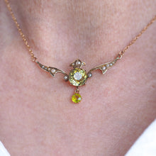 Load image into Gallery viewer, Antique Edwardian Peridot & Pearl Necklace 9K Gold Art Nouveau c.1900