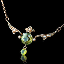 Load image into Gallery viewer, Antique Edwardian Peridot & Pearl Necklace 9K Gold Art Nouveau c.1900