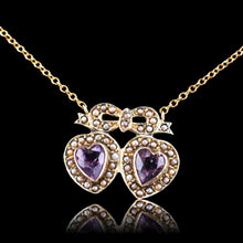 Load image into Gallery viewer, Antique Edwardian Heart Necklace Amethyst & Seed Pearl 9K Gold - c.1910