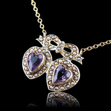 Load image into Gallery viewer, Antique Edwardian Heart Necklace Amethyst & Seed Pearl 9K Gold - c.1910