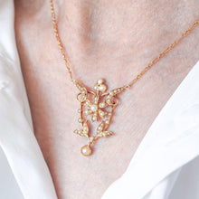 Load image into Gallery viewer, Antique Victorian/Edwardian Pearl Necklace 14K Gold Flower Design - c.1900