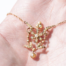 Load image into Gallery viewer, Antique Victorian/Edwardian Pearl Necklace 14K Gold Flower Design - c.1900