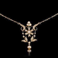 Load image into Gallery viewer, Antique Victorian/Edwardian Pearl Necklace 14K Gold Flower Design - c.1900