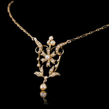 Load image into Gallery viewer, Antique Victorian/Edwardian Pearl Necklace 14K Gold Flower Design - c.1900