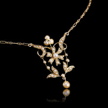 Load image into Gallery viewer, Antique Victorian/Edwardian Pearl Necklace 14K Gold Flower Design - c.1900