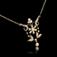 Load image into Gallery viewer, Antique Victorian/Edwardian Pearl Necklace 14K Gold Flower Design - c.1900