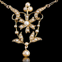 Load image into Gallery viewer, Antique Victorian/Edwardian Pearl Necklace 14K Gold Flower Design - c.1900
