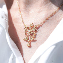 Load image into Gallery viewer, Antique Victorian/Edwardian Pearl Necklace 14K Gold Flower Design - c.1900