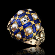 Load image into Gallery viewer, Antique Victorian Blue Enamel, Diamond & Pearl Ring 14K Gold - c.1860