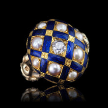 Load image into Gallery viewer, Antique Victorian Blue Enamel, Diamond & Pearl Ring 14K Gold - c.1860