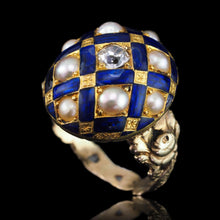 Load image into Gallery viewer, Antique Victorian Blue Enamel, Diamond & Pearl Ring 14K Gold - c.1860