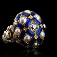 Load image into Gallery viewer, Antique Victorian Blue Enamel, Diamond & Pearl Ring 14K Gold - c.1860