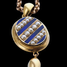 Load image into Gallery viewer, Antique Victorian 15K Gold Blue Enamel & Pearl Pendant Locket Necklace - c.1880
