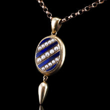 Load image into Gallery viewer, Antique Victorian 15K Gold Blue Enamel & Pearl Pendant Locket Necklace - c.1880