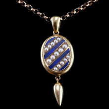 Load image into Gallery viewer, Antique Victorian 15K Gold Blue Enamel & Pearl Pendant Locket Necklace - c.1880