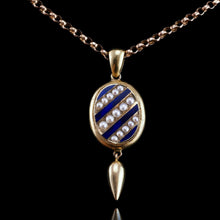 Load image into Gallery viewer, Antique Victorian 15K Gold Blue Enamel & Pearl Pendant Locket Necklace - c.1880