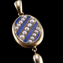 Load image into Gallery viewer, Antique Victorian 15K Gold Blue Enamel & Pearl Pendant Locket Necklace - c.1880