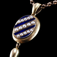 Load image into Gallery viewer, Antique Victorian 15K Gold Blue Enamel & Pearl Pendant Locket Necklace - c.1880