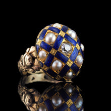 Load image into Gallery viewer, Antique Victorian Blue Enamel, Diamond & Pearl Ring 14K Gold - c.1860