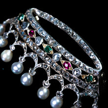 Load image into Gallery viewer, Antique French Ruby, Emerald, Diamond Pearl Crown Coronet Brooch 18K Gold c.1900
