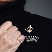 Load image into Gallery viewer, Antique French Ruby, Emerald, Diamond Pearl Crown Coronet Brooch 18K Gold c.1900