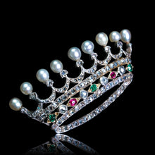 Load image into Gallery viewer, Antique French Ruby, Emerald, Diamond Pearl Crown Coronet Brooch 18K Gold c.1900