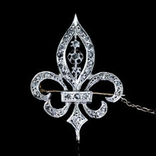 Load image into Gallery viewer, Antique French Fleur de Lys Diamond Brooch 18K Gold/Silver Setting c.1900