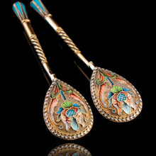 Load image into Gallery viewer, Antique Imperial Russian Solid Silver Pair of Spoons Cloisonne Enamel Flower Motif - Moscow c.1910 Vasily Agafonov
