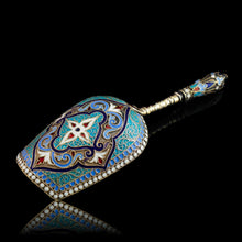 Load image into Gallery viewer, Antique Imperial Russian Solid Silver Caddy Spoon Cloisonne Enamel - Gustav Klingert 1891