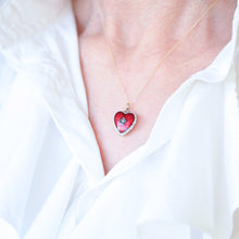 Load image into Gallery viewer, Antique Victorian Puffy Heart Pendant Necklace Red & White Enamel 9K - c.1900