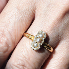Load image into Gallery viewer, Antique Victorian Diamond and Pearl Triple Cluster Ring 18K Gold - c.1900