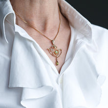 Load image into Gallery viewer, Antique Edwardian Peridot & Seed Pearl Pendant Necklace 9K Gold - 1909