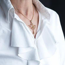 Load image into Gallery viewer, Antique Edwardian Peridot & Seed Pearl Pendant Necklace 9K Gold - 1909