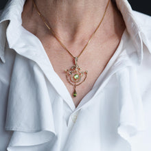 Load image into Gallery viewer, Antique Edwardian Peridot & Seed Pearl Pendant Necklace 9K Gold - 1909
