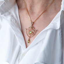 Load image into Gallery viewer, Antique Edwardian Peridot & Seed Pearl Pendant Necklace 9K Gold - 1909