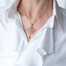 Load image into Gallery viewer, Antique Edwardian Peridot & Seed Pearl Pendant Necklace 9K Gold - 1909