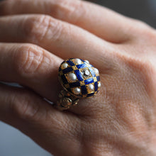 Load image into Gallery viewer, Antique Victorian Blue Enamel, Diamond & Pearl Ring 14K Gold - c.1860