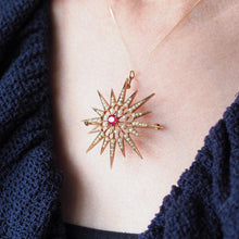 Load image into Gallery viewer, Antique Victorian Ruby & Pearl Star Pendant Necklace Brooch 14K Gold - c.1890