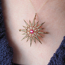 Load image into Gallery viewer, Antique Victorian Ruby & Pearl Star Pendant Necklace Brooch 14K Gold - c.1890