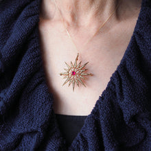 Load image into Gallery viewer, Antique Victorian Ruby & Pearl Star Pendant Necklace Brooch 14K Gold - c.1890