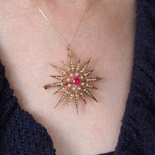 Load image into Gallery viewer, Antique Victorian Ruby & Pearl Star Pendant Necklace Brooch 14K Gold - c.1890