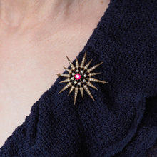 Load image into Gallery viewer, Antique Victorian Ruby & Pearl Star Pendant Necklace Brooch 14K Gold - c.1890