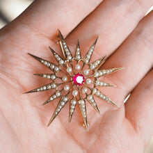 Load image into Gallery viewer, Antique Victorian Ruby & Pearl Star Pendant Necklace Brooch 14K Gold - c.1890