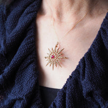 Load image into Gallery viewer, Antique Victorian Ruby & Pearl Star Pendant Necklace Brooch 14K Gold - c.1890