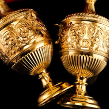 Load image into Gallery viewer, Antique Solid Silver Gilt Vase/Urn Pair with Figural Roman Classical Influences - George Nathan & Ridley Hayes 1910