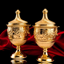 Load image into Gallery viewer, Antique Solid Silver Gilt Vase/Urn Pair with Figural Roman Classical Influences - George Nathan & Ridley Hayes 1910